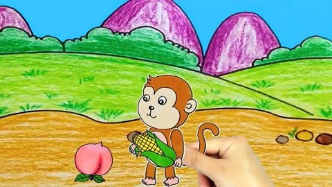 猴子掰玉米绘画本图片